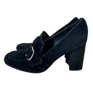Marc Fisher Womens Caila Loafer Chunky Heel Black Suede Silver Buckle Accent Y2K